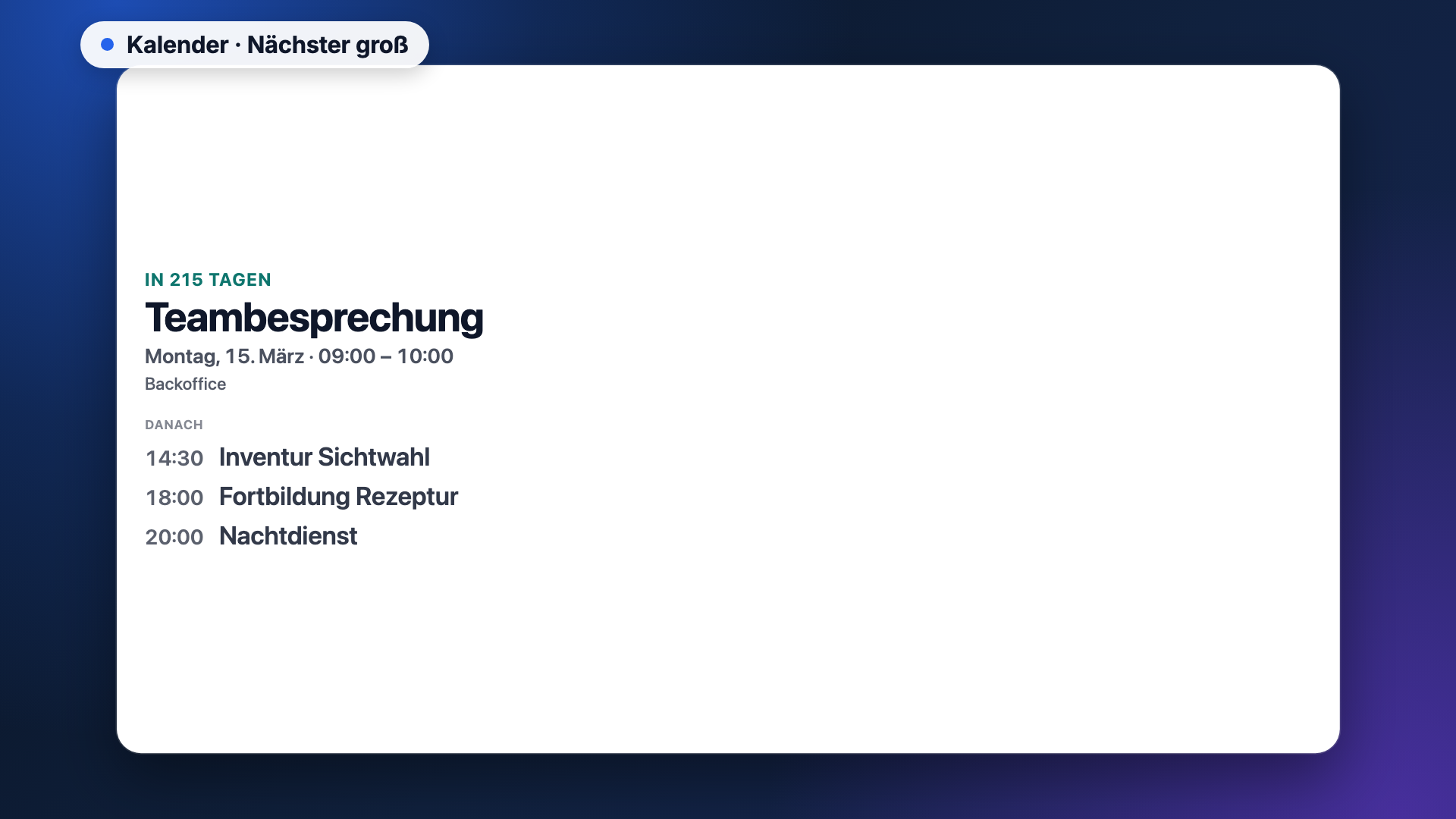 Kalender in der Ansicht Nächster Termin groß