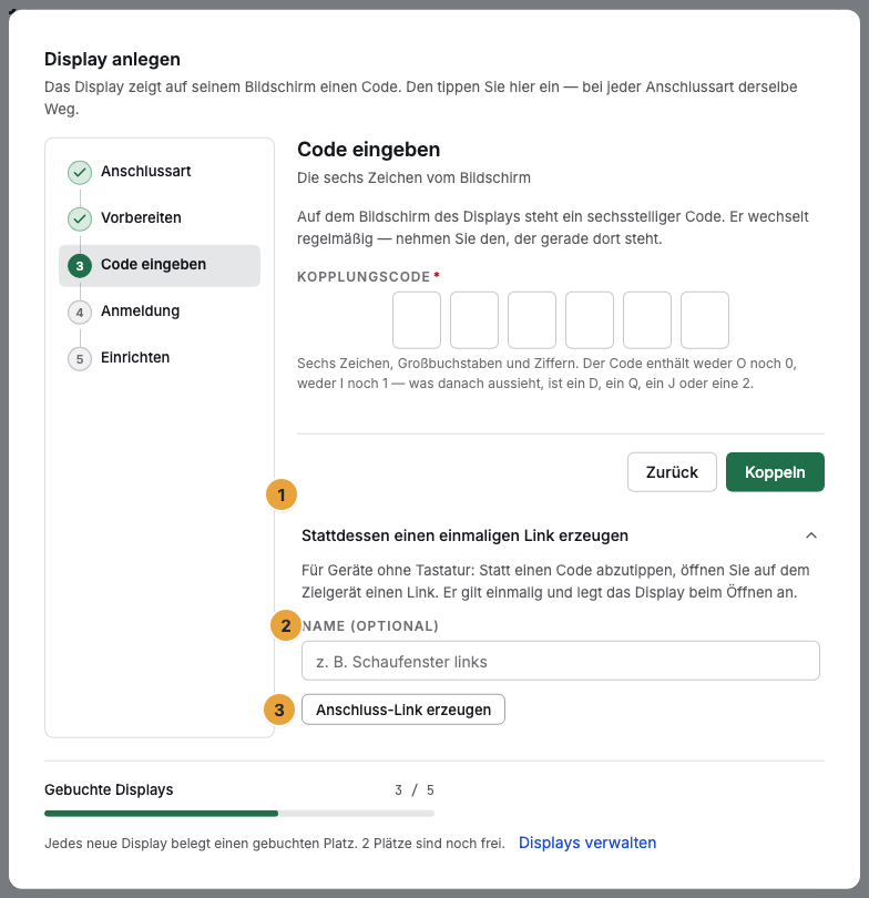Der aufgeklappte Nebenweg Stattdessen ein Display im Browser anlegen im Schritt Code eingeben (1) mit dem Feld Name (optional) (2) und der Schaltfläche Web-Display anlegen (3)