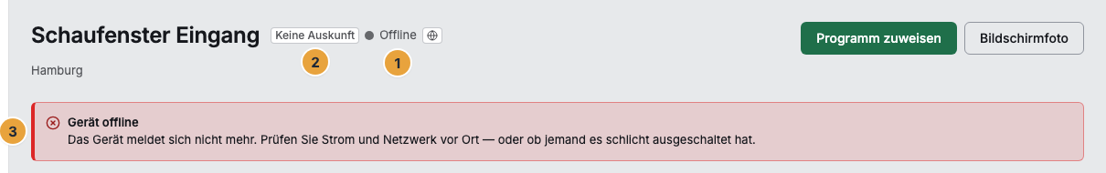Der Kopf einer Display-Akte mit einem Warnband: das Statuswort Offline (1), die Sichtbarkeit Keine Auskunft (2) und das Warnband Gerät offline mit der wahrscheinlichsten Ursache und dem nächsten Schritt (3)