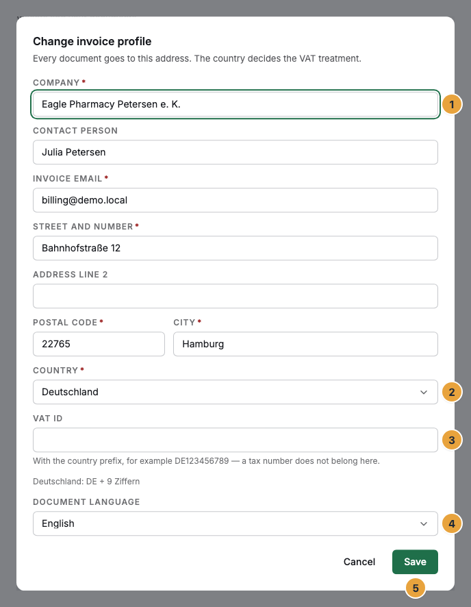 The sheet Change invoice profile with the lead sentence that every document goes to this address: the Company field (1), the Country selection (2), the VAT ID field with the pattern of the country below it (3), the document language (4), and the Save button (5)