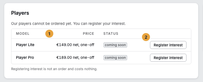The Players tab with the model table: the columns Model, Price, and Status (1) and in each row the action Register interest for a model with the status coming soon (2)