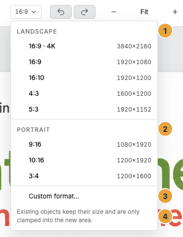 The open Stage format menu in the editor header with the Landscape group (1), the Portrait group (2), the Custom format entry (3), and the note that existing objects keep their size and are only clamped into the new area (4)