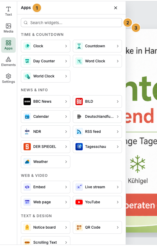 The open Apps area next to the stage: the Apps heading of the flyout (1), the Search widgets field (2), and the Time & countdown category with its widget tiles (3)