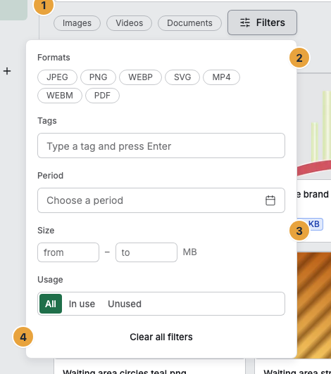 The open filter panel of the media library: the type chips Images, Videos, and Documents above the panel (1), the Formats section with the individual file formats (2), the size range in MB (3), and Clear all filters (4)