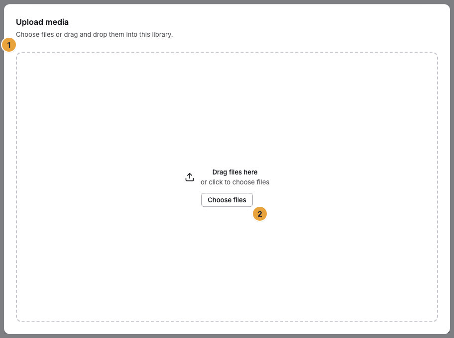 The Upload media dialog with the drop area “Drag files here” (1) and the Choose files button (2)