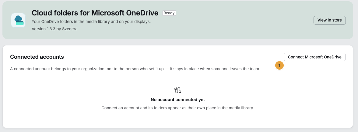 The page of the OneDrive app with the Connected accounts section before the first connection: the Connect Microsoft OneDrive button (1) above the note that no account is connected yet
