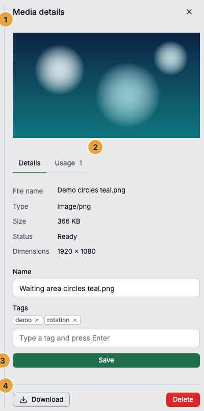 The open Media details next to the grid: the preview, which you can enlarge through “Show media preview large” (1), the Details and Usage tabs (2), the Name and Tags fields with Save (3), and the footer with Download and Delete (4)