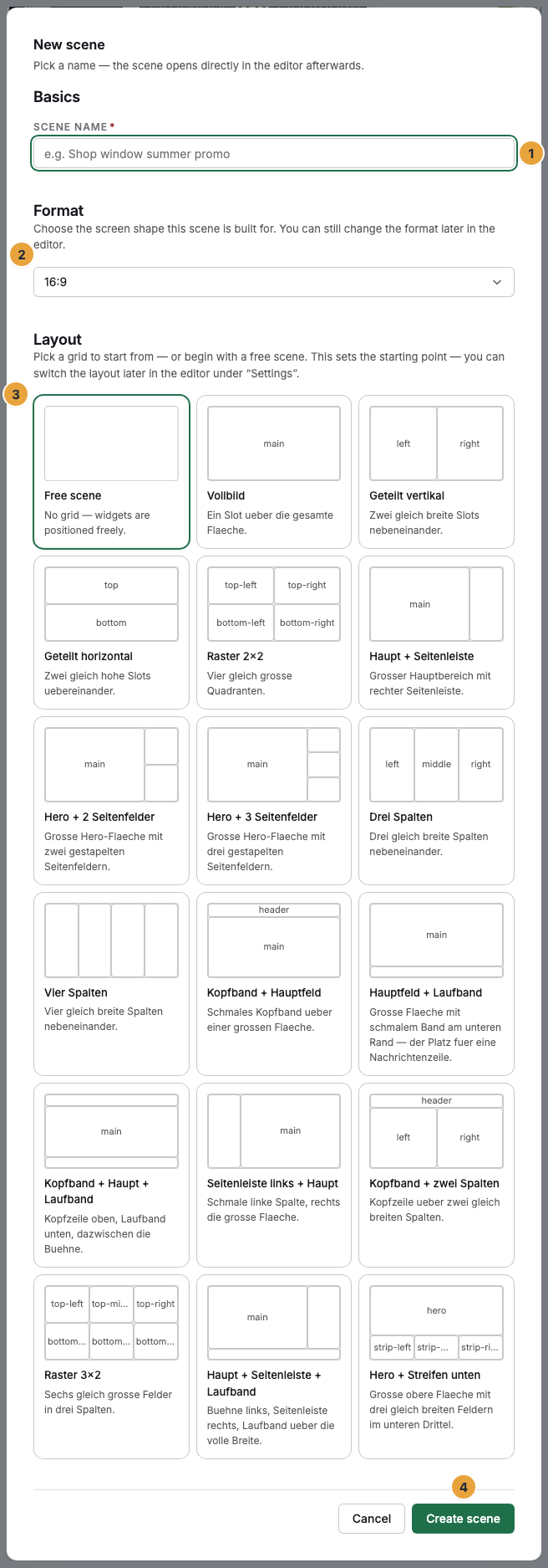 The New scene dialog with its three sections: Basics with the Scene name field (1), Format with the aspect ratio choice (2), Layout with the grid cards and the Free scene card (3), and the Create scene button (4)