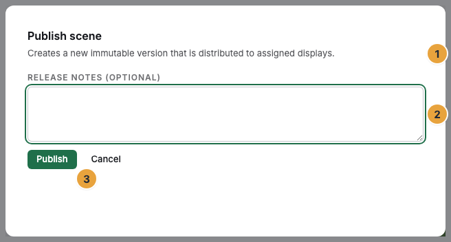 The Publish scene dialog with the sentence that a new immutable version is distributed to the assigned displays (1), the Release notes (optional) field (2), and the Publish button (3)