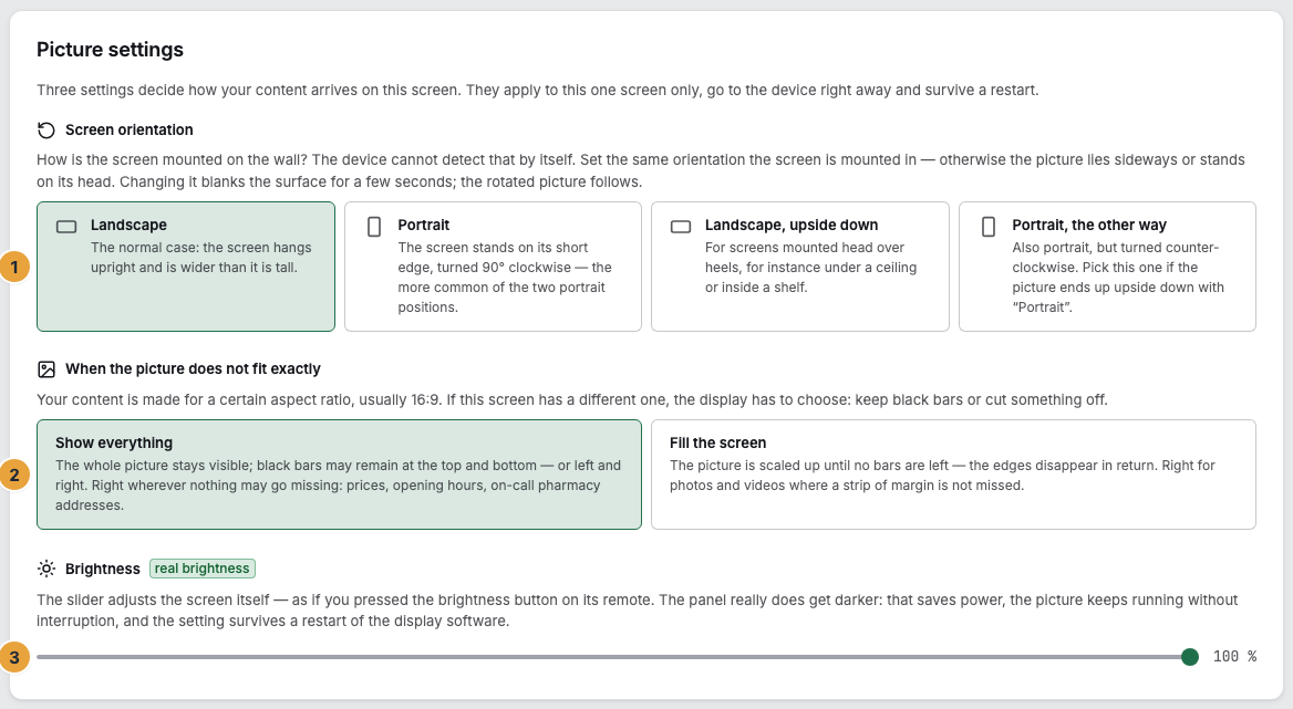 The Picture settings card in the panel tab of a display: the panel orientation with the four positions Landscape, Portrait, Landscape upside down, and Portrait the other way (1), the content fit When the picture does not fit exactly with the options Show everything and the one that fills the whole panel (2), and the brightness slider (3)