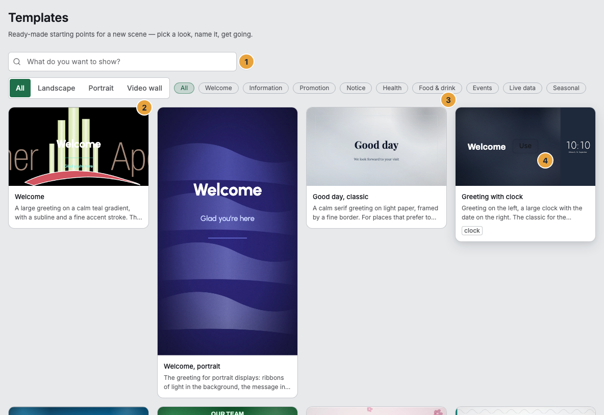 The template gallery under Scenes › Templates with the search field “What do you want to show?” (1), the filters for format and category (2), a tile with a frozen preview and the badge for a required app (3), and the Use button on the tile under the pointer (4)