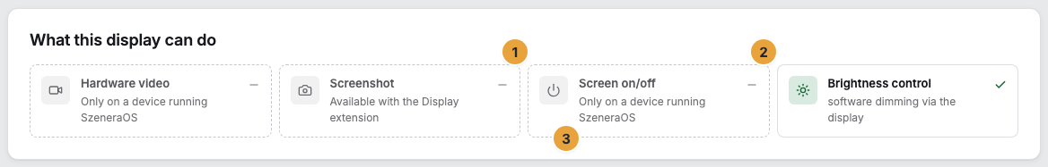 The “What this display can do” card with the tile for switching the panel on and off (1) and the tile for brightness control (2), and the reason for the missing ability appears below it (3)