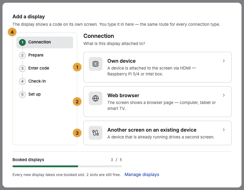 The first step of the Add a display dialog with the question What is this display attached to?: the connection types Own device (1), Web browser (2), and Another panel on an existing device (3), and the step bar on the left (4)