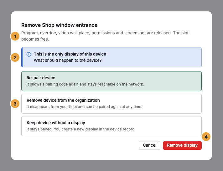 The dialog for removing a display: the paragraph that lists what is released with the display (1), the note that it is the only display of its device (2), the choice of what should happen to the device (3), and the Remove display button (4)