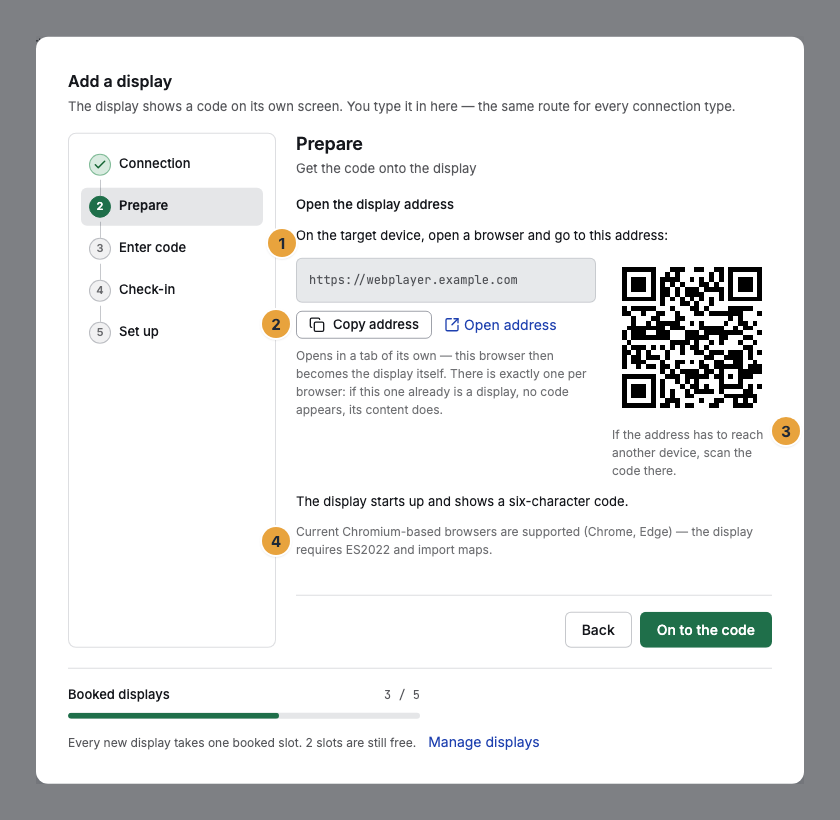 The Prepare step of the connection type Web browser: the field with the display address (1), the Copy address button (2), the QR code of the display address (3), and the note on the supported browsers (4)