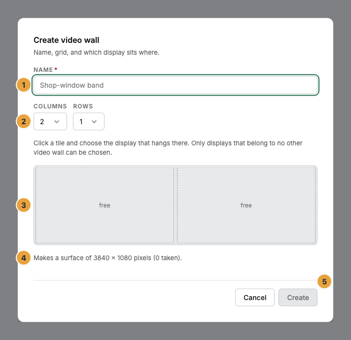 The Create video wall dialog with a 2 × 1 grid: the Name field with the placeholder Shop-window band (1), the Columns and Rows fields (2), the tile grid with the tiles still free (3), the Makes a surface of … pixels line (4), and the Create button (5)