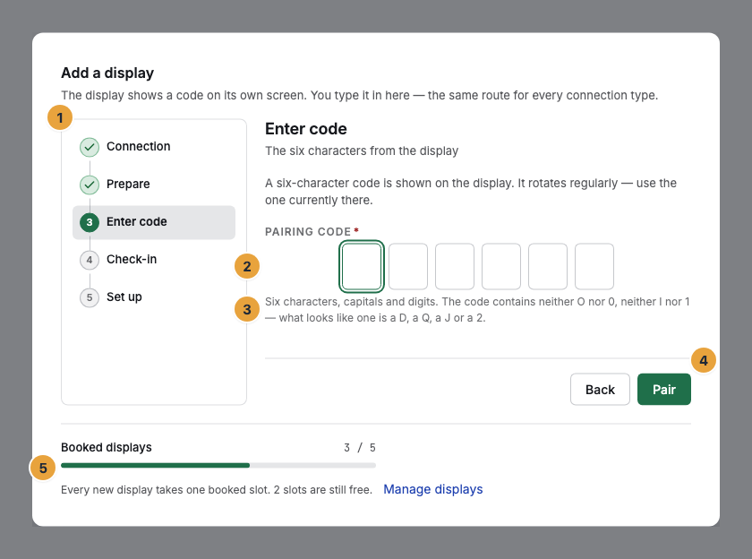 The Add a display dialog at the Enter code step: the step bar with Connection, Prepare, Enter code, Check-in, and Set up (1), the field for the six characters of the pairing code (2), the note on the character set (3), the Pair button (4), and at the bottom the Booked displays line (5)