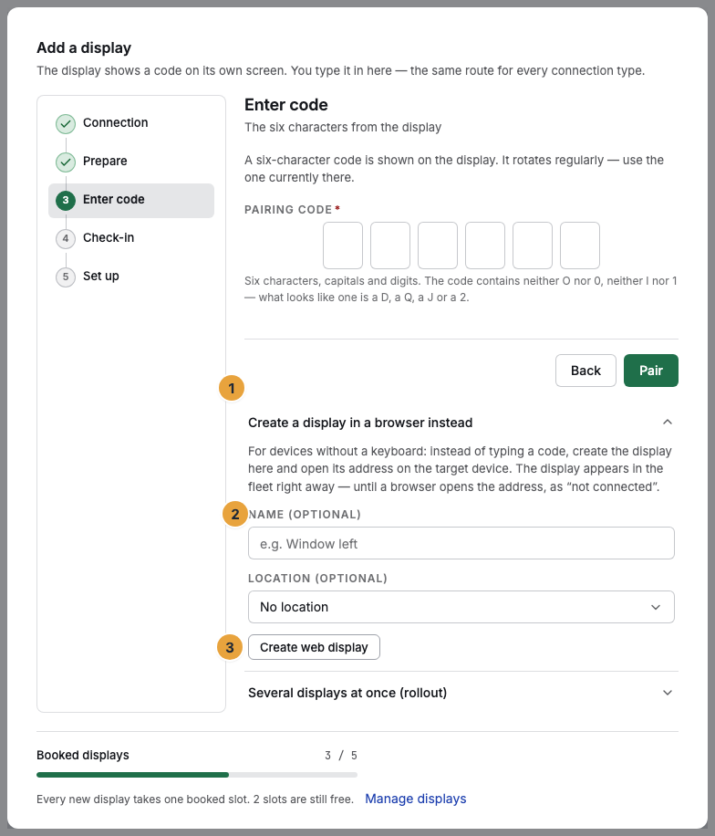 The expanded side path Create a display in a browser instead in the Enter code step (1) with the Name (optional) field (2) and the Create web display button (3)