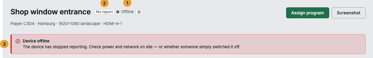 The header of a display record with a warning band: the status word Offline (1), the visibility No report (2), and the Device offline warning band with the most likely cause and the next step (3)