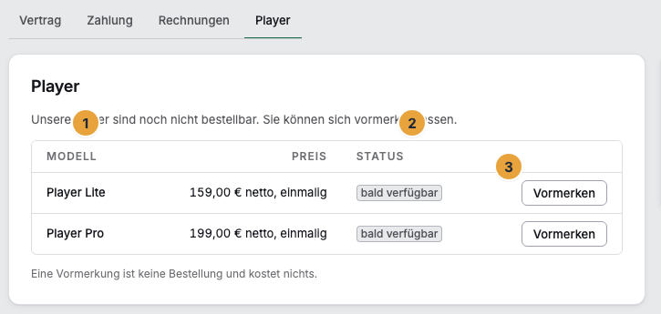 Der Reiter „Player“ der Abrechnung mit der Spalte Modell und den Zeilen Player Lite und Player Pro (1), der Spalte Status mit „bald verfügbar“ (2) und der Schaltfläche „Vormerken“ in der Spalte Aktion (3)