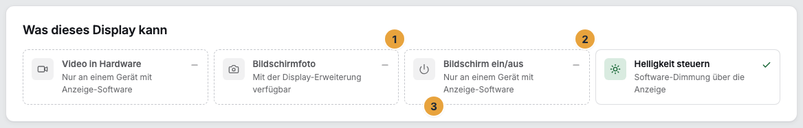 Die Karte „Was dieses Display kann“ im Reiter Bildschirm mit der Kachel Bildschirm ein/aus (1) und der Kachel Helligkeit steuern (2); unter der fehlenden Fähigkeit steht ihr Grund (3)