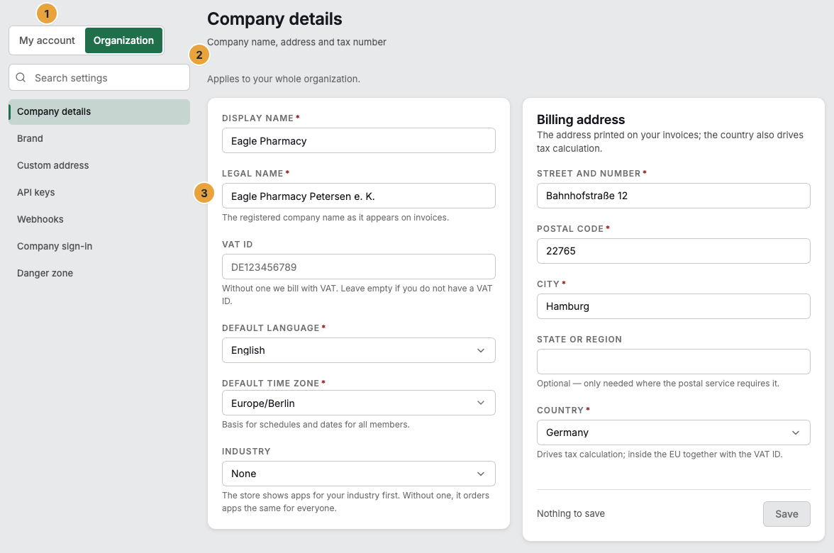 The settings in the Organization tab: at the top the two tabs “My account” and “Organization” (1), below them the search field “Search settings” (2) and the list of areas with the selected entry beside it, here the “API keys” row (3)