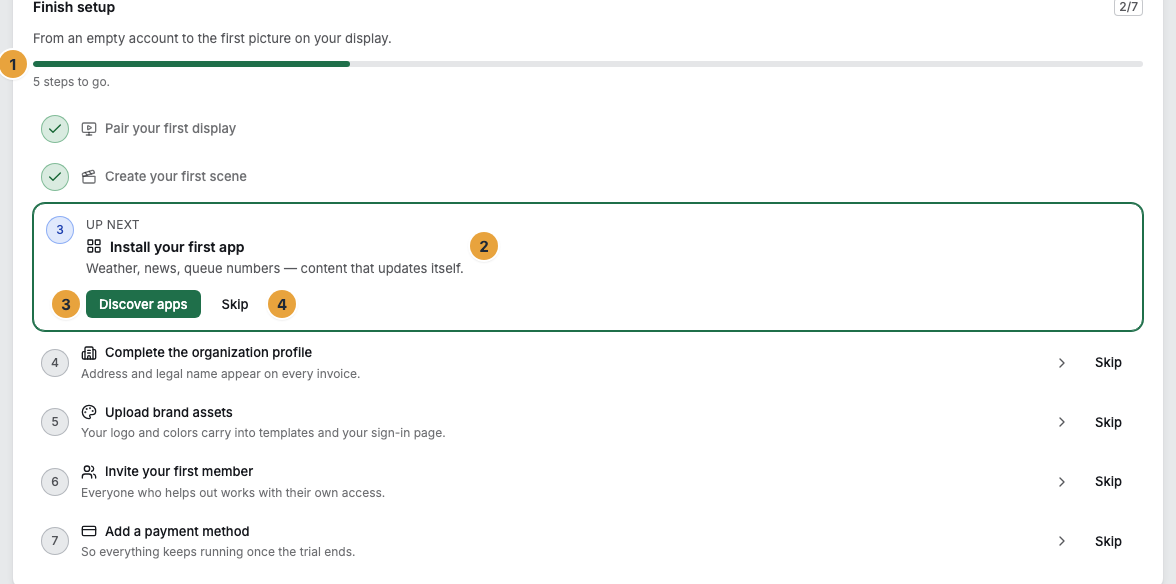 The “Finish setup” card on the dashboard: the progress line above the steps (1), the highlighted “Up next” section with its reason (2), the button of this step (3), and next to it “Skip” (4)