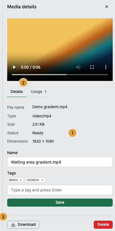 The media details of a video with the processing status (1), the Usage tab with the number of occurrences (2), and the Download button in the footer (3)