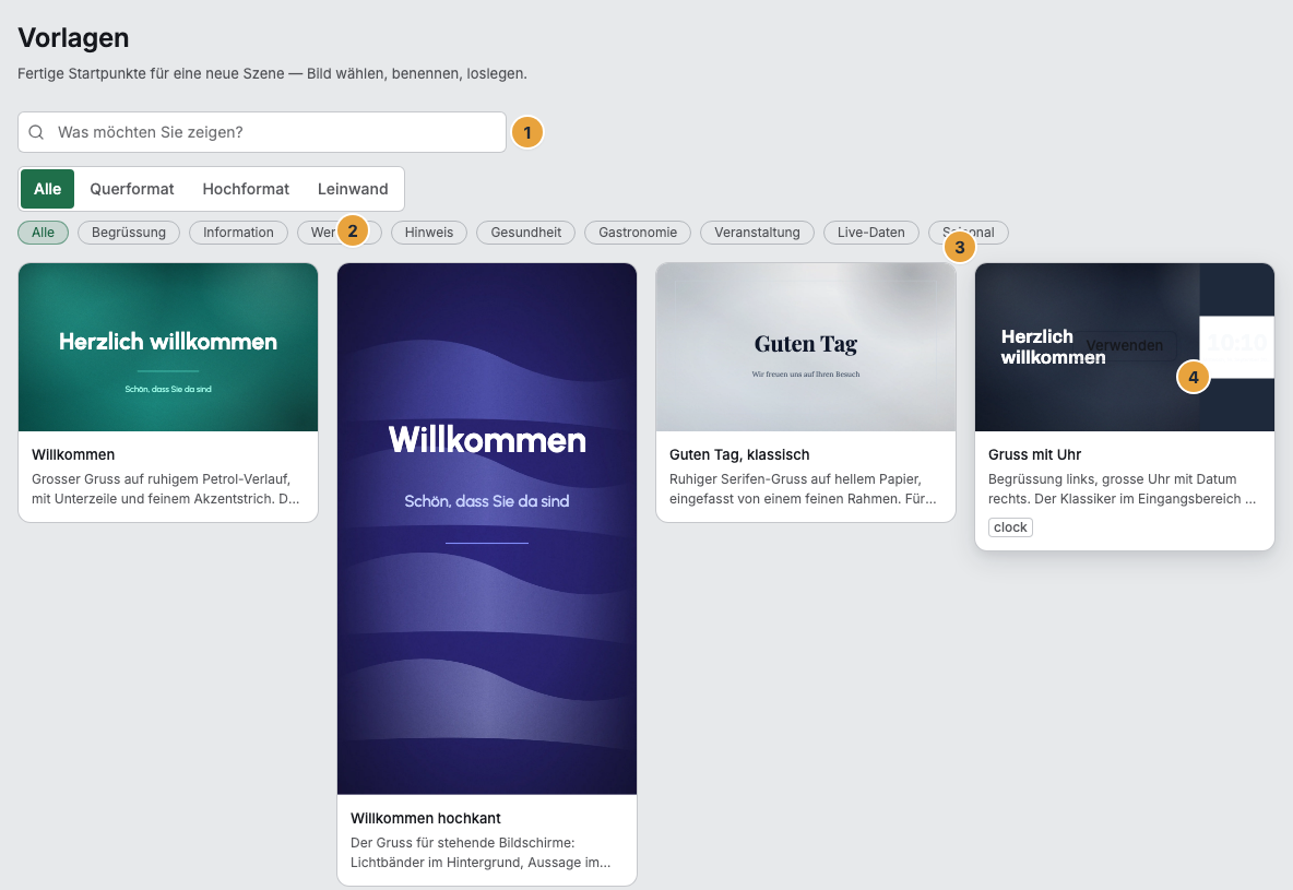 Die Vorlagen-Galerie unter Szenen › Vorlagen mit dem Suchfeld „Was möchten Sie zeigen?“ (1), den Filtern für Format und Rubrik (2), einer Kachel mit eingefrorener Vorschau und der Marke für eine benötigte App (3) und der Schaltfläche Verwenden auf der Kachel unter dem Zeiger (4)