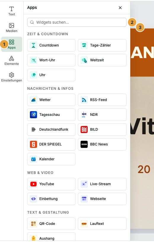 Der geöffnete Bereich Apps neben der Bühne: der Eintrag Apps in der Leiste Einfügen und Einstellungen (1), das Suchfeld Widgets suchen (2) und die Kategorie Zeit & Countdown mit ihren Widget-Kacheln (3)