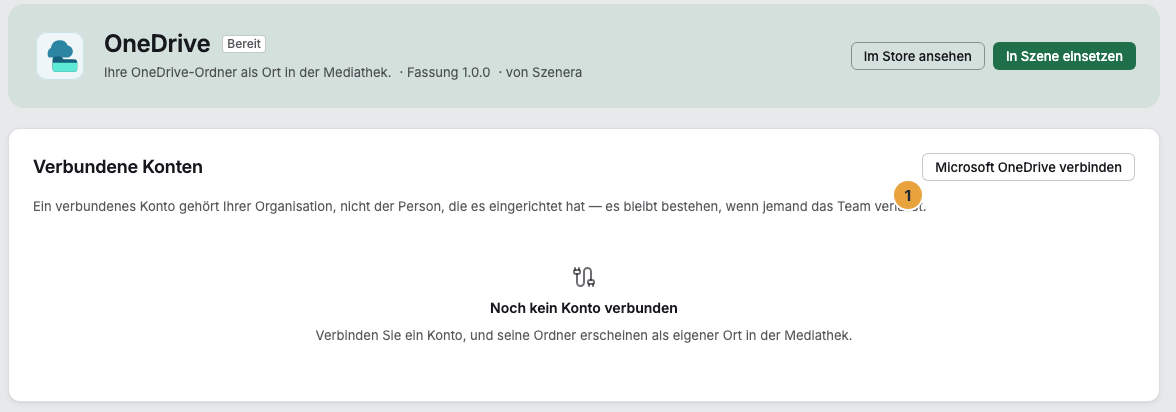 Die Seite der App OneDrive mit dem Abschnitt Verbundene Konten vor der ersten Verbindung: die Schaltfläche Microsoft OneDrive verbinden (1) über dem Hinweis, dass noch kein Konto verbunden ist