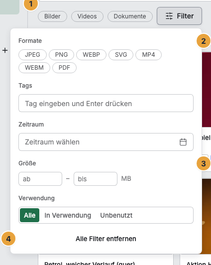 Das geöffnete Filter-Panel der Mediathek: die Typ-Chips Bilder, Videos und Dokumente über dem Panel (1), der Abschnitt Formate mit den einzelnen Dateiformaten (2), die Größenangabe in MB (3) und Alle Filter entfernen (4)