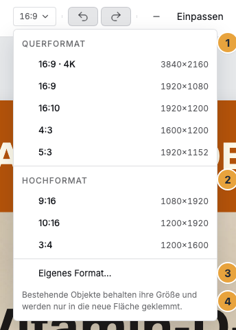 Das geöffnete Menü Bühnen-Format in der Kopfleiste des Editors mit der Gruppe Querformat (1), der Gruppe Hochformat (2), dem Eintrag Eigenes Format (3) und dem Hinweis, dass bestehende Objekte ihre Größe behalten und nur in die neue Fläche geklemmt werden (4)