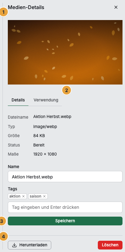 Die geöffneten Medien-Details neben dem Raster: die Vorschau, die sich über „Medium groß anzeigen“ vergrößern lässt (1), die Reiter Details und Verwendung (2), die Felder Name und Tags mit Speichern (3) und die Fußzeile mit Herunterladen und Löschen (4)