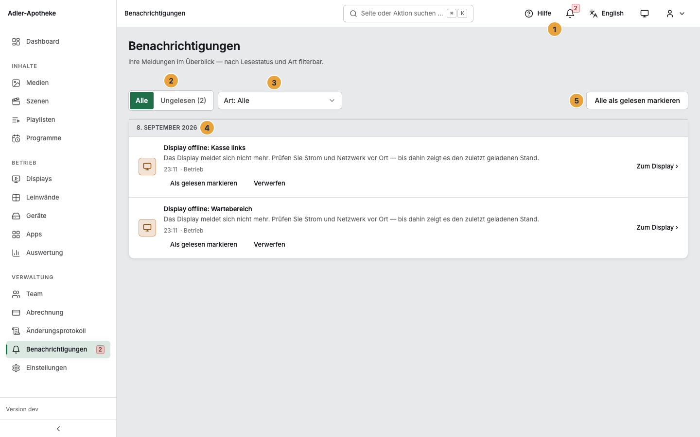 Die Seite Benachrichtigungen mit der Glocke samt Ungelesen-Zähler in der Kopfzeile (1), dem Filter Alle/Ungelesen (2), dem Filter nach Art (3), dem Datumsband der ersten Tagesgruppe (4) und der Schaltfläche Alle als gelesen markieren (5)