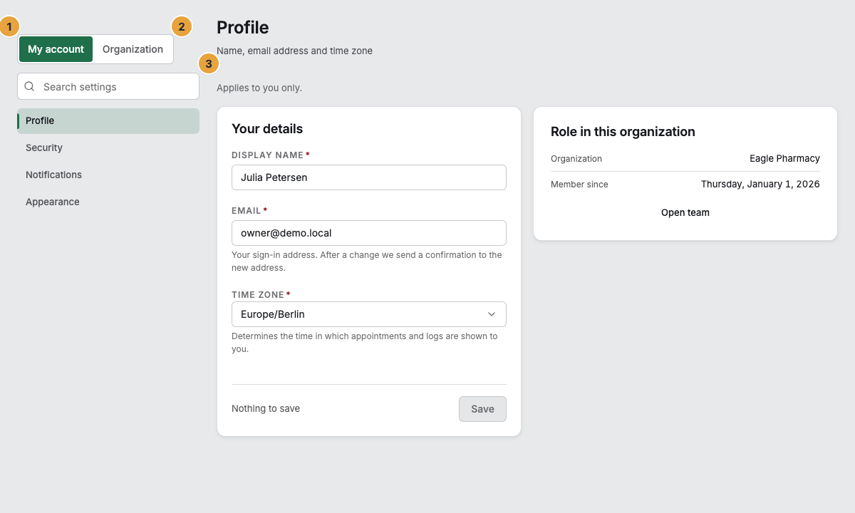 The settings with the My account tab (1) and the Organization tab (2), the Search settings field (3), and the list of areas below it