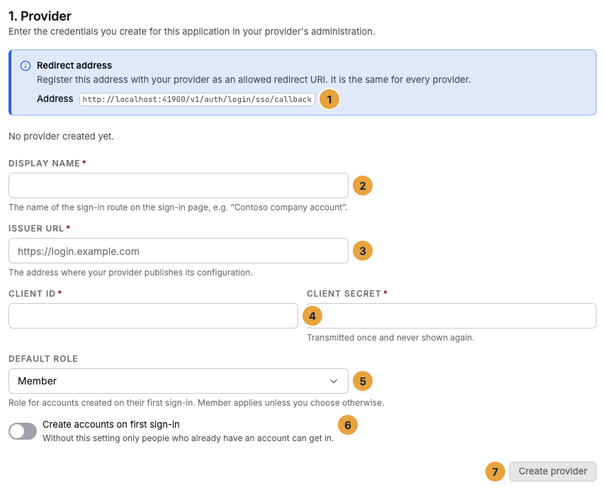 The section 1. Provider of company sign-in with the redirect address to copy (1), the display name (2), the issuer URL (3), client ID and client secret (4), the default role (5), the switch Create accounts on first sign-in (6), and the Create provider button (7)