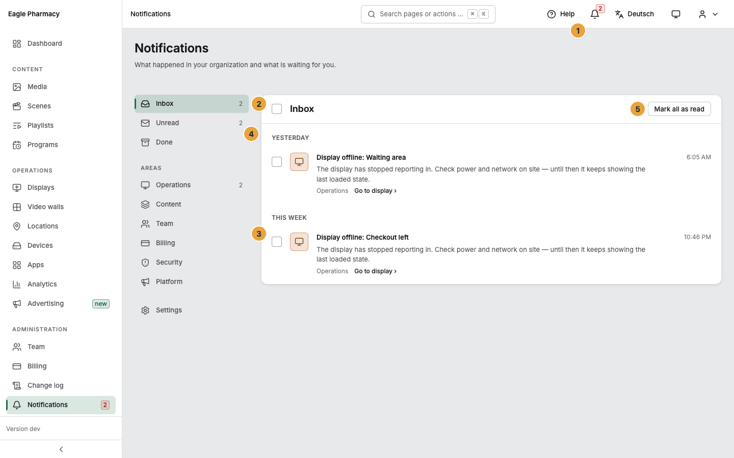 The Notifications page with the bell and unread counter in the header (1), the folders Inbox, Unread, and Done (2), the Areas list (3), the date header of the first day group (4), and the Mark all as read button (5)