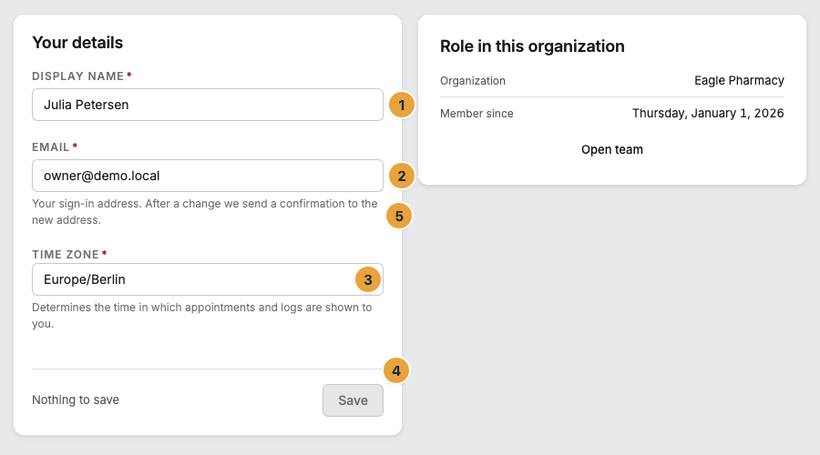 The Profile page under My account with the display name (1), the email address with the confirmation hint (2), the searchable time zone (3), the Save button (4), and the Role in this organization card (5)