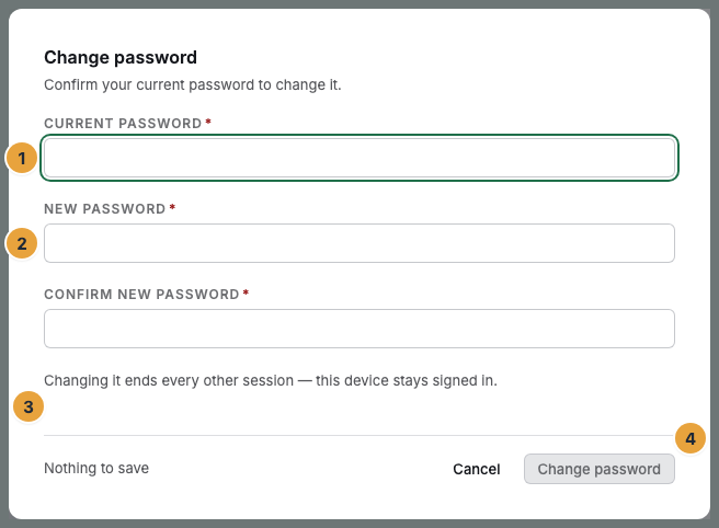 The dialog Change password with the field Current password (1), the field New password (2), the note about the ended sessions (3), and the Change password button (4)