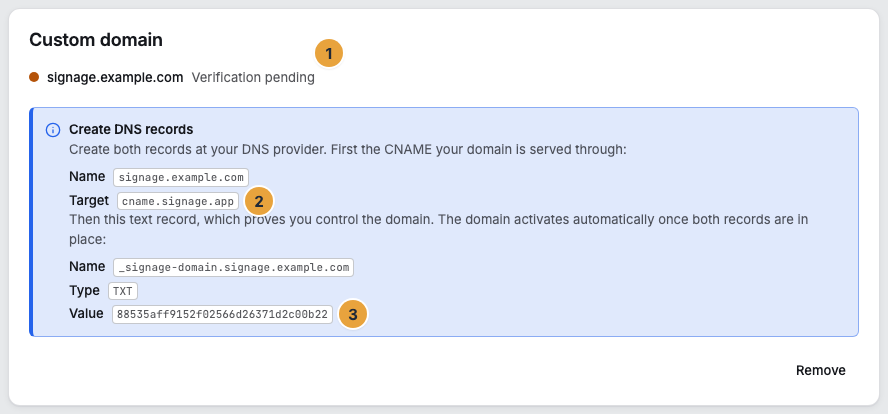 The Custom address area after requesting: the status dot Verification pending with the requested domain (1) and the section Create DNS records with the CNAME made of name and target (2) and the text record made of name, type, and value (3)