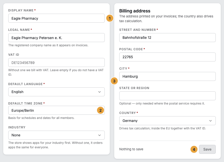 The Master data page with the display name (1), the searchable default time zone with its hint line (2), the Billing address card (3), and the Save button (4)