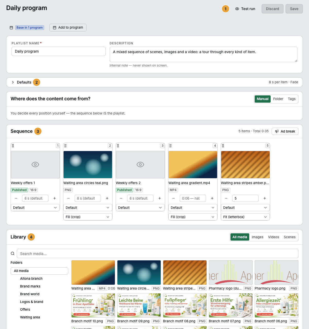 An open manual playlist from top to bottom: the header with Test run, Discard, and Save (1), the collapsed defaults with their summary (2), the sequence with a card for each item including duration field and transition (3), and below it the library with the tabs All media, Images, Videos, and Scenes (4)