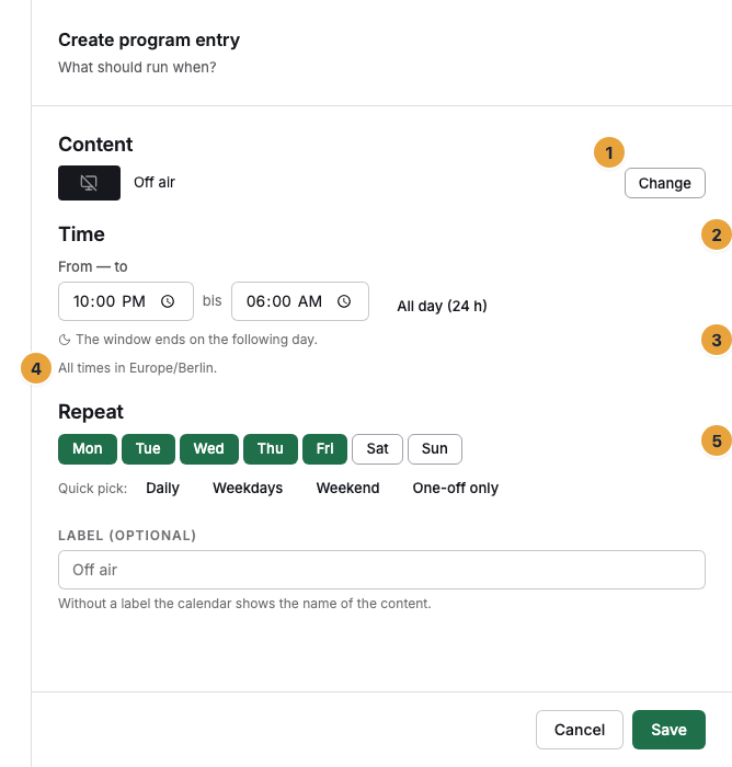 The Create program entry dialog with the question “What should run when?”: the Content section with the Change button (1), the Time section with From — to and All day (24 h) (2), the note with a moon icon “The window ends on the following day.” (3), the footnote with the time zone (4), and the Repeat section with day switches and quick pick (5)
