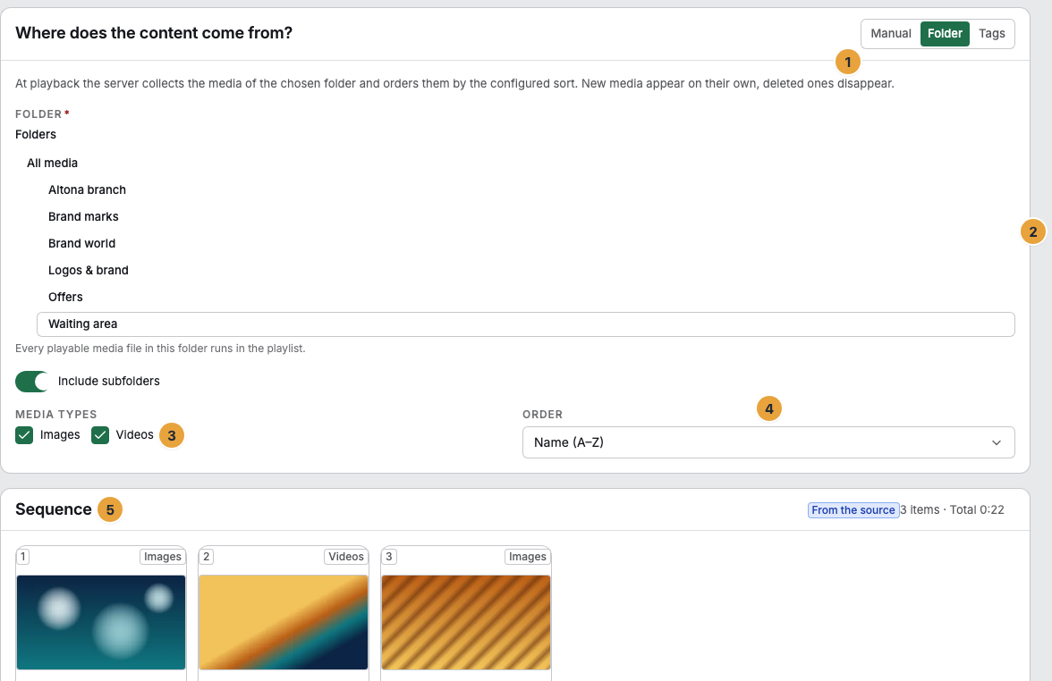 The Where does the content come from? section of a folder playlist: the segments Manual, Folder, and Tags (1), the folder tree with the Include subfolders switch (2), the media types (3), the order (4), and below it the sequence with the From the source badge (5), which shows the resolved media