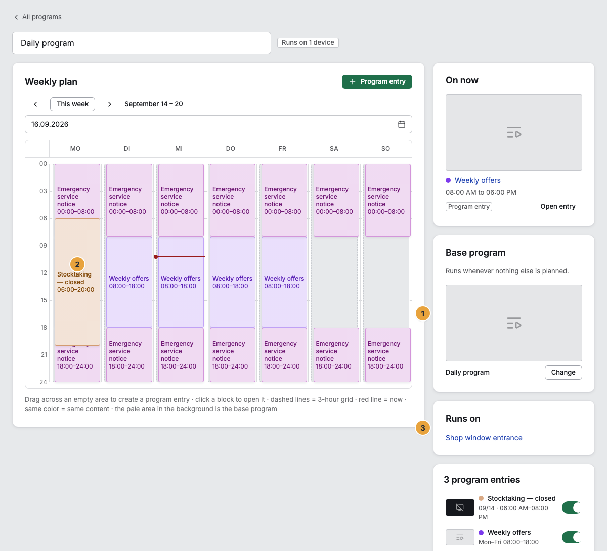 The program editor with the weekly plan on the left and the sidebar on the right: the Base program card with the sentence “Runs whenever nothing else is planned.” (1), a program entry as a colored block above the pale area of the base program (2), and the Runs on card with the display the program runs on (3)