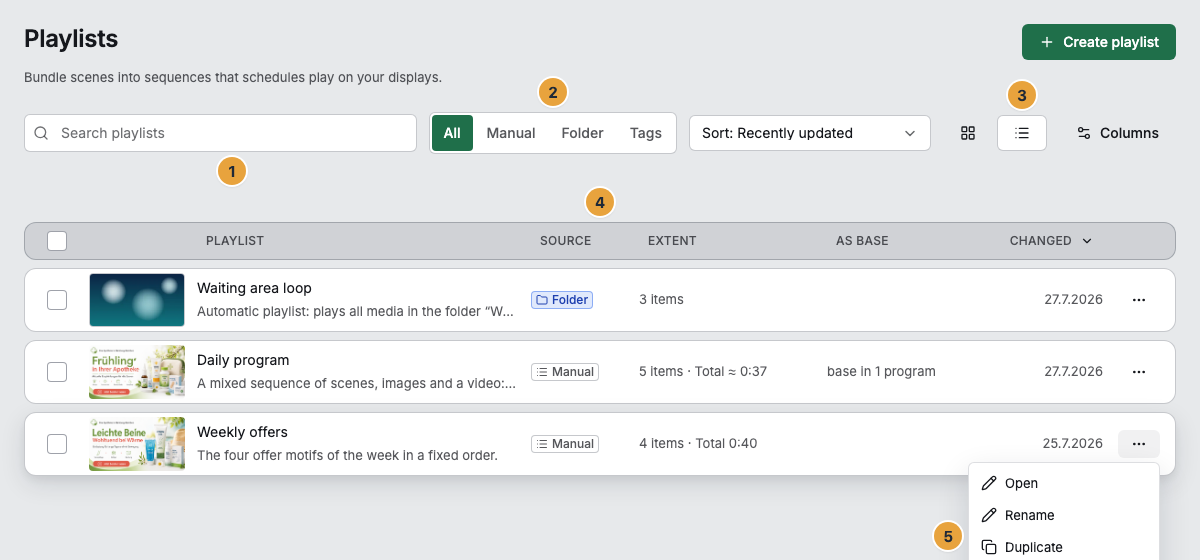 The playlists in list view: the search field (1), the Source filter with All, Manual, Folder, and Tags (2), the sort and the view switch (3), the column row with Playlist, Source, Extent, As base, and Changed (4), and a row's menu with Open, Rename, Duplicate, and Delete (5)